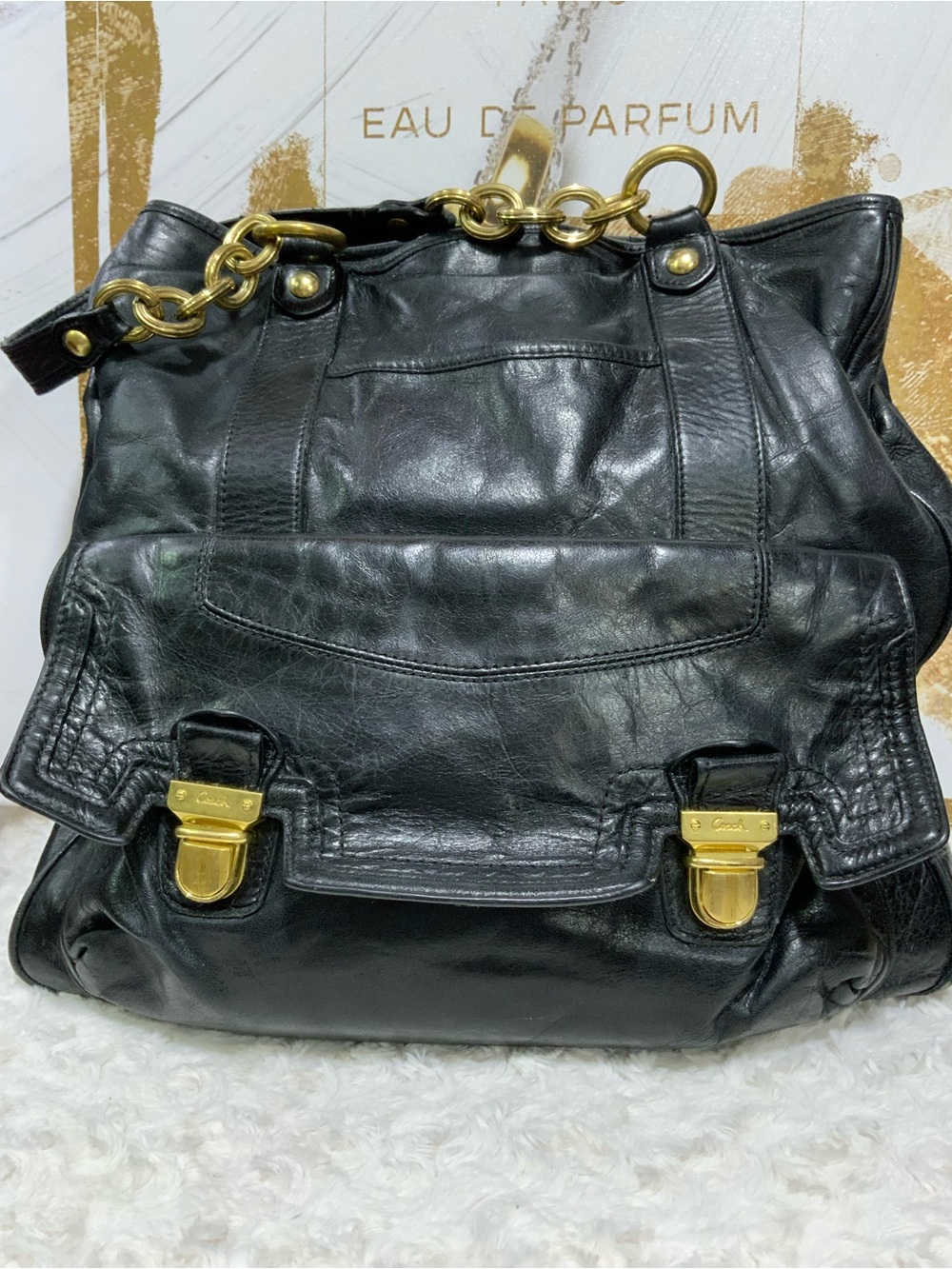 Coach Poppy Black Leather Tote with Gold Chain Handles - Picture 2 of 11